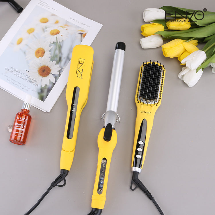 طقم ENZO الأصلي – 3 في 1: مكواة تمليس، فير، وفرشاة حرارية